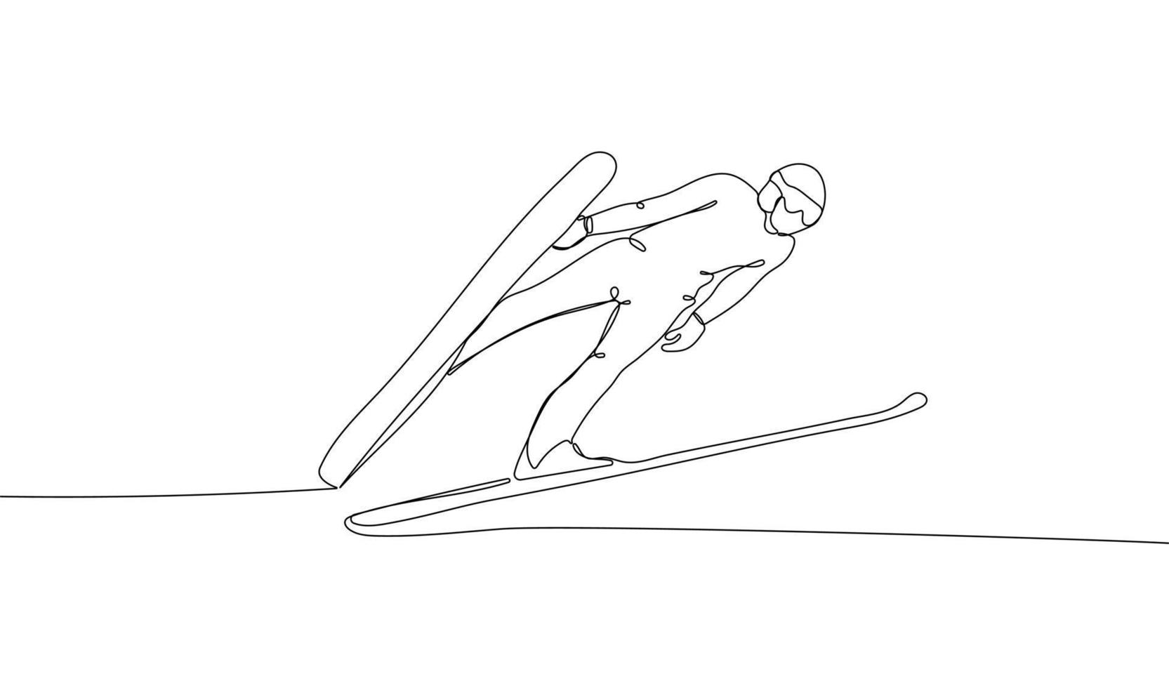 kontinuerlig ett linje teckning av hoppa skidåkare på hans flyg över de landa vektor