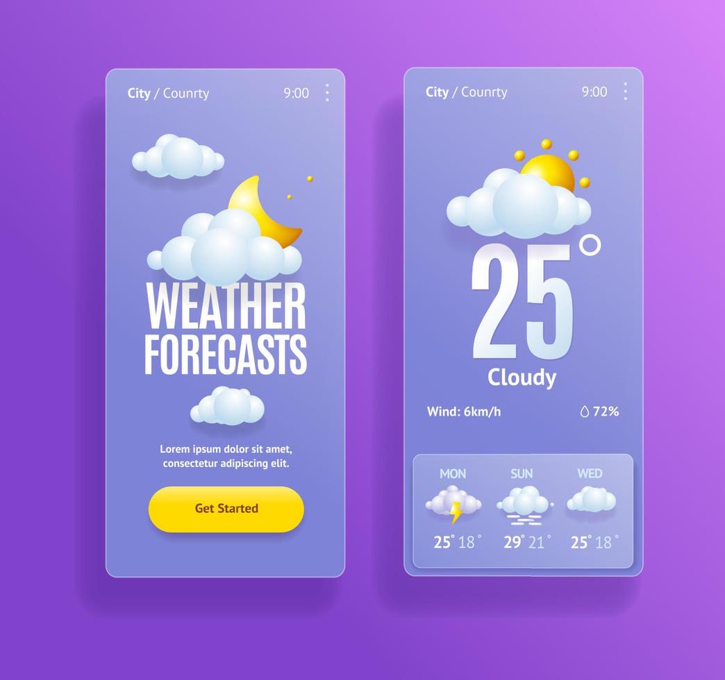 3d väder app mall uppsättning tecknad serie stil. vektor
