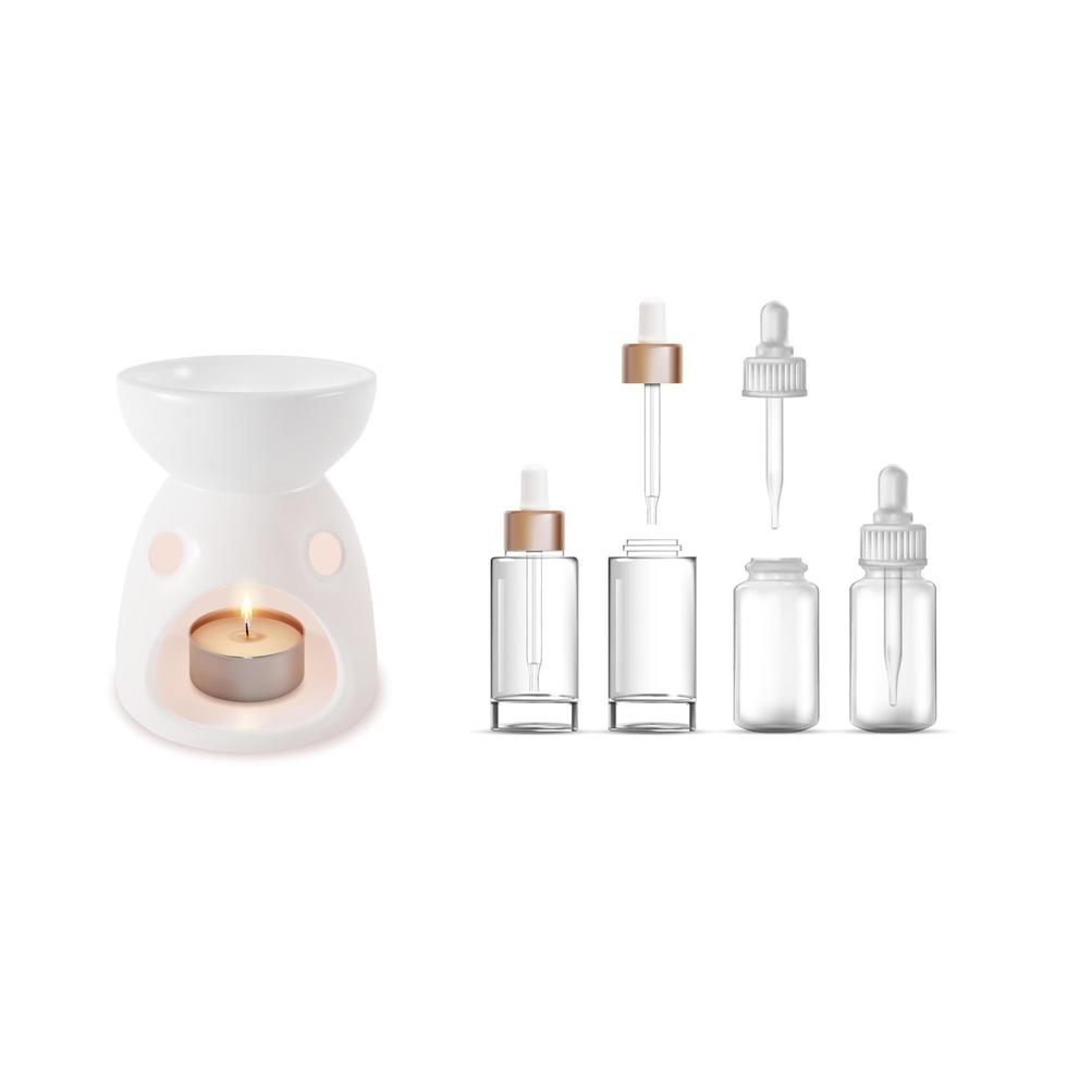 realistisk detaljerad 3d lampa arom terapi och tömma grundläggande olja flaska. vektor