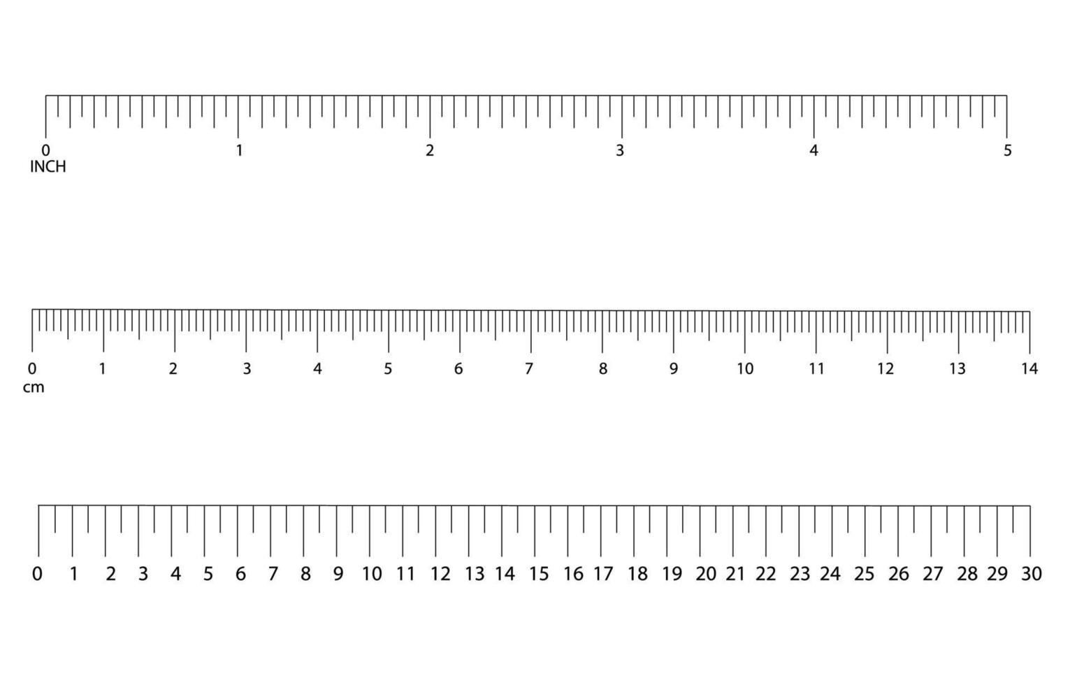 uppsättning av svart mätning horisontell skala av linjal centimeter, inches med tal , storlek indikatorer enhet avstånd. densamma skala distans, höjd eller längd mått matematik vektor