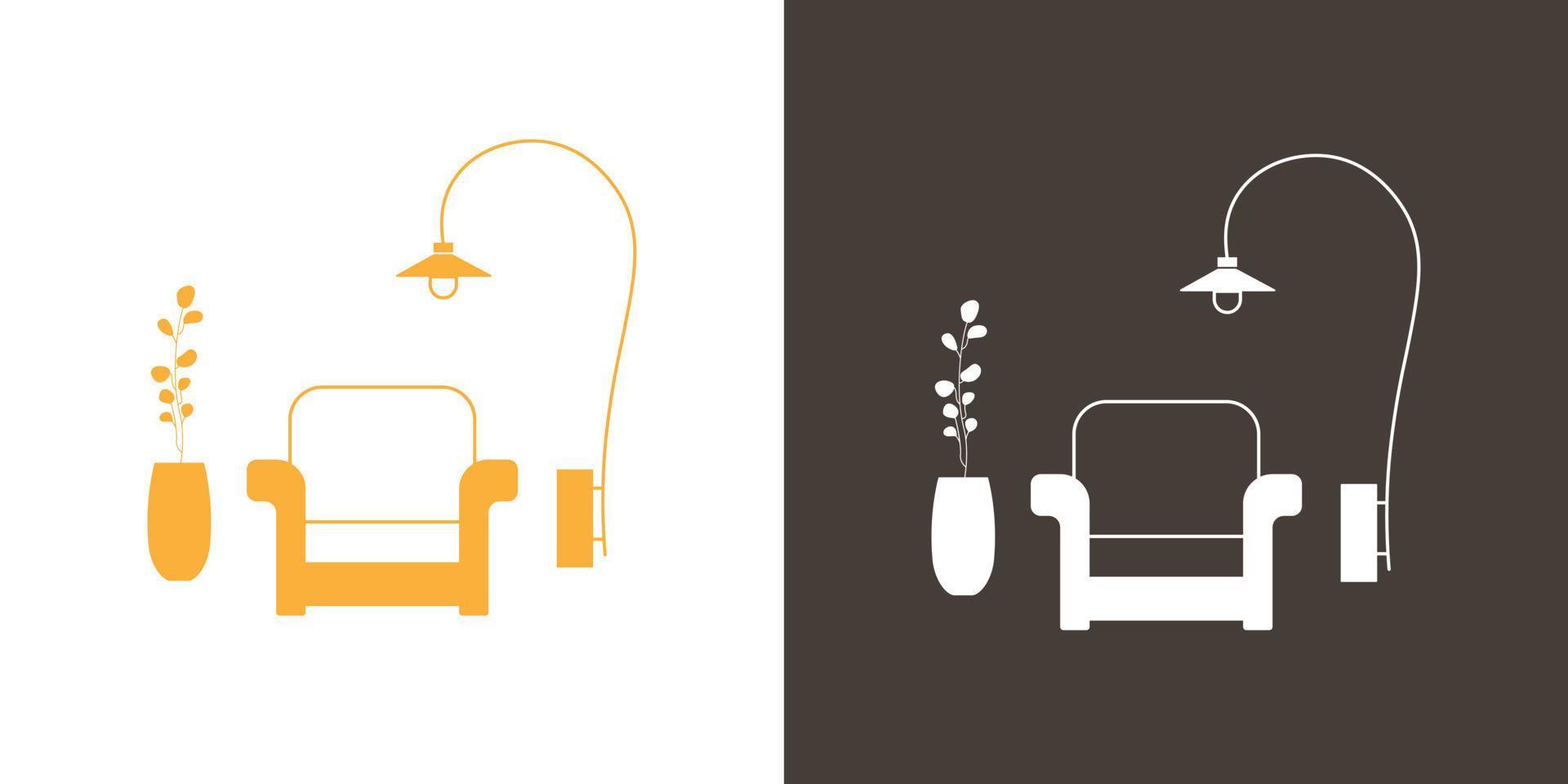 Leben Zimmer Innere mit Sessel, Fußboden Lampe und Pflanze. Vektor Symbol. eben Design Stil