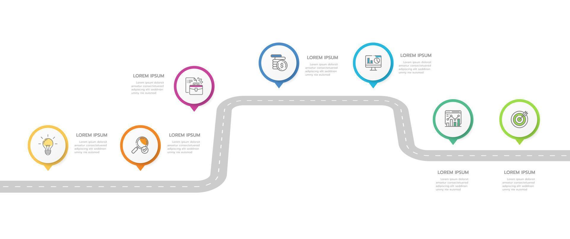 Infografik Vorlage zum Geschäft. 7 Schritte modern Zeitleiste Diagramm Roadmap mit Kreis Themen, Präsentation Vektor Infografik.