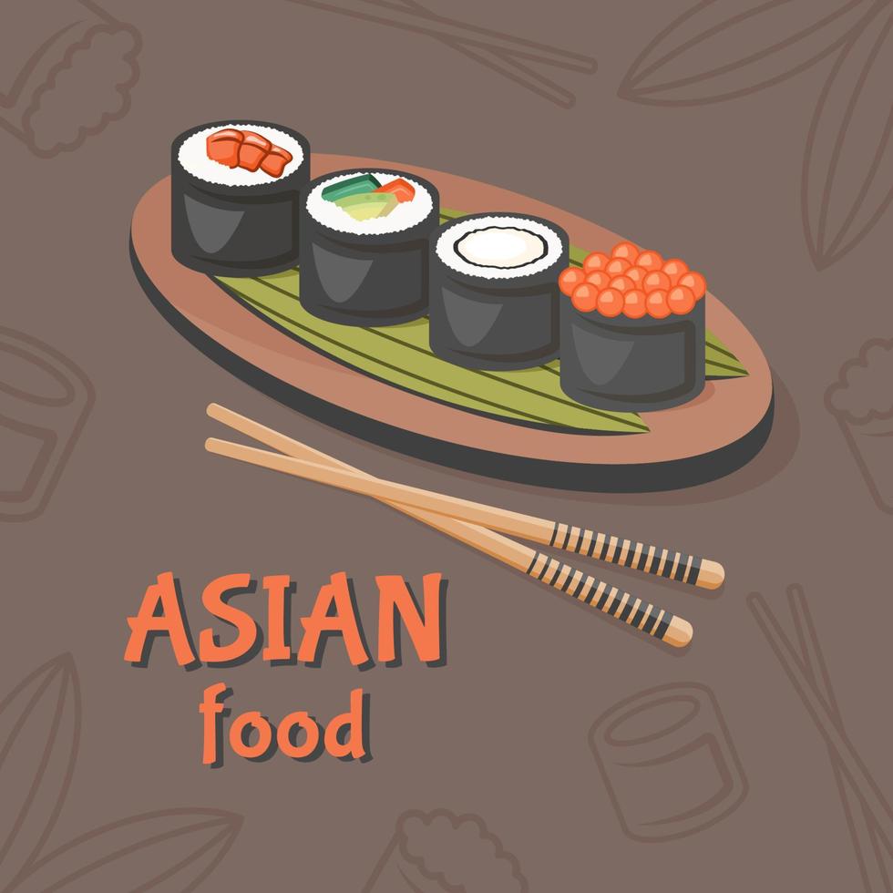 asiatisch Lebensmittel. traditionell orientalisch Gericht Nahansicht mit Nigiri Sushi rollen, Sashimi roh Fisch, Meeresfrüchte, Kaviar, Garnele, Avocado, Essstäbchensi. Vektor Illustration zum Restaurant Speisekarte, Banner, Kochen Konzept