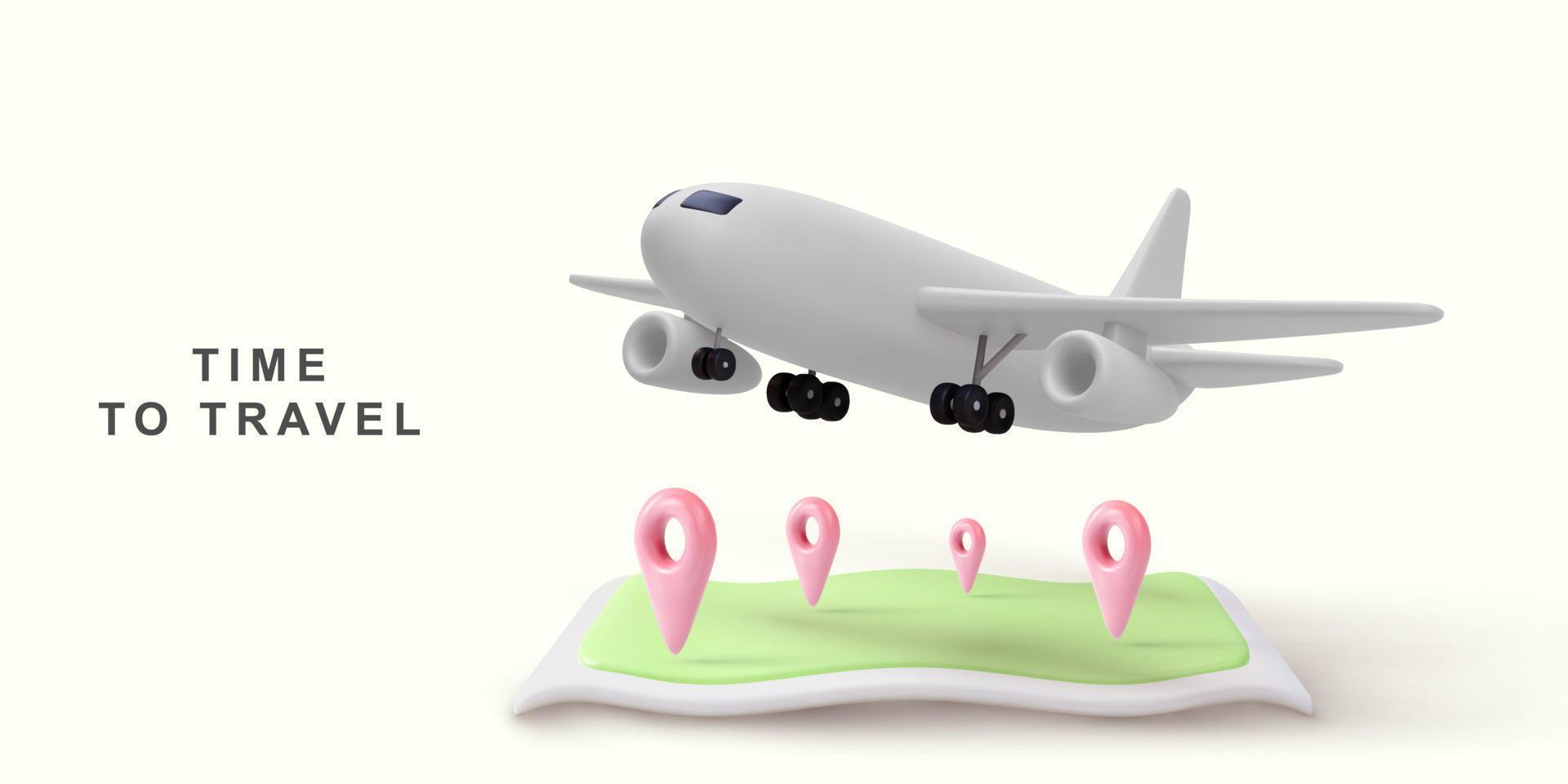 3d realistisk resa begrepp illustration, flygplan flygande över de Karta stift. vektor illustration