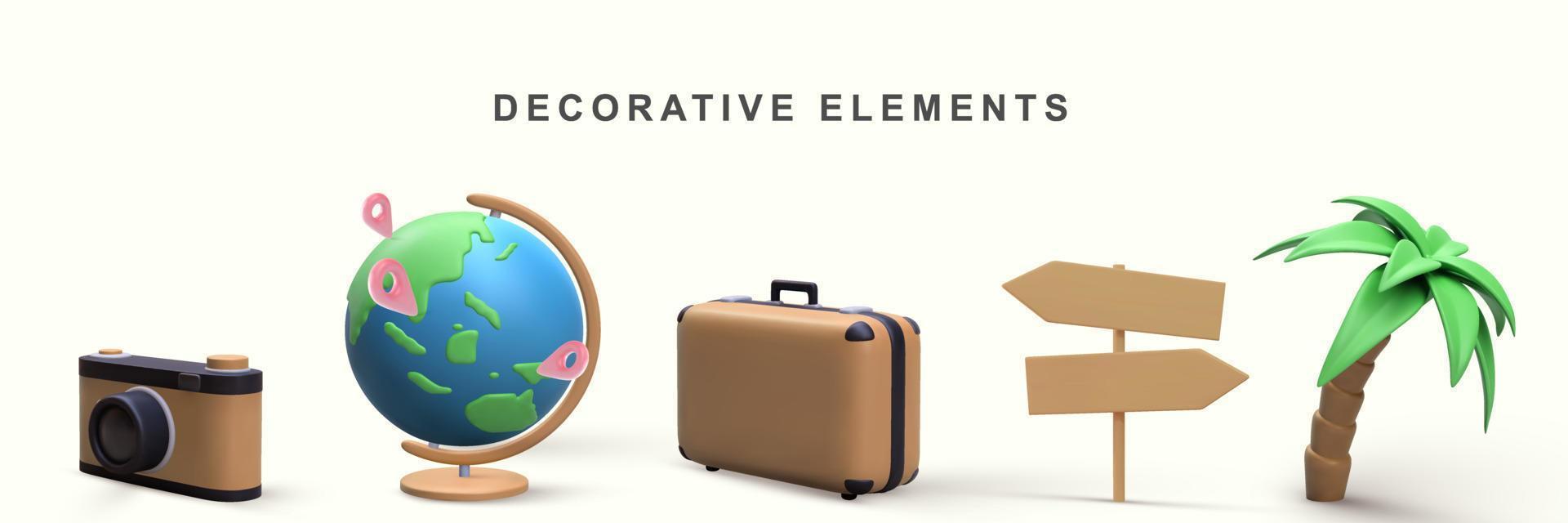 3d realistisk uppsättning av dekorativ element - kamera, klot, resväska, väg tecken och handflatan träd. vektor illustration.