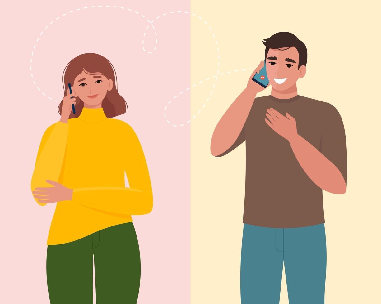 Mann und Frau telefonieren. Kommunikation und Konversation mit dem Smartphone. Vektorillustration im flachen Stil vektor