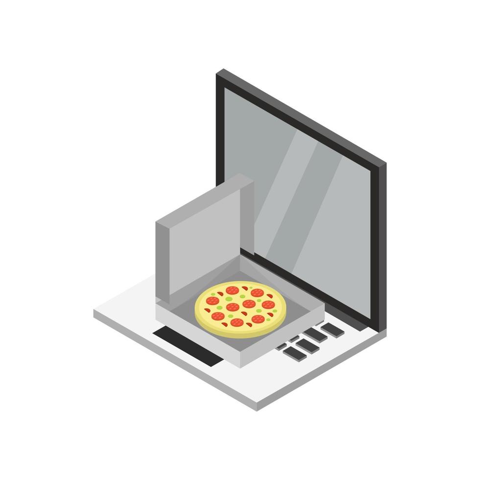 Pizza online kaufen isometrisch auf Laptop vektor