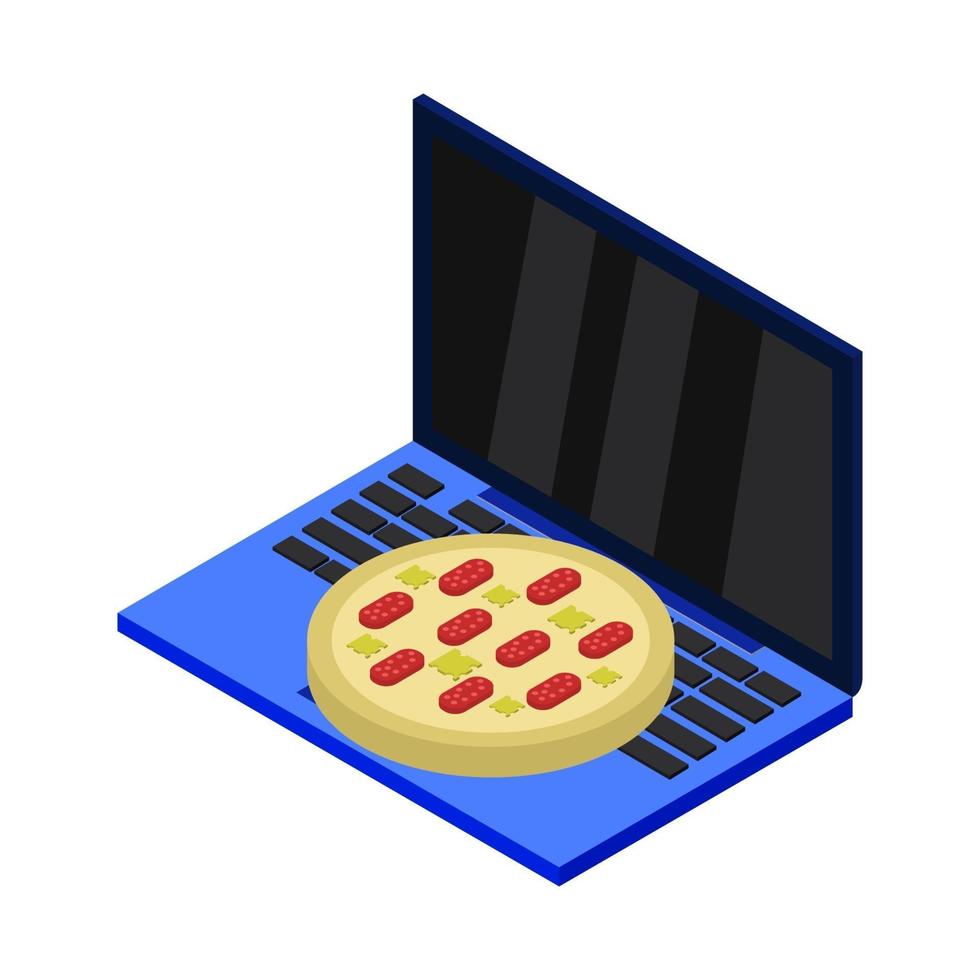 Pizza online kaufen isometrisch auf Laptop vektor