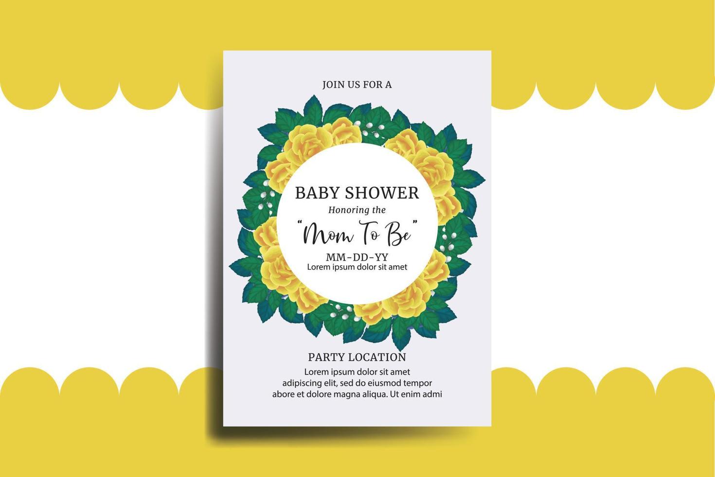 bebis dusch hälsning kort gul reste sig blomma design mall vektor
