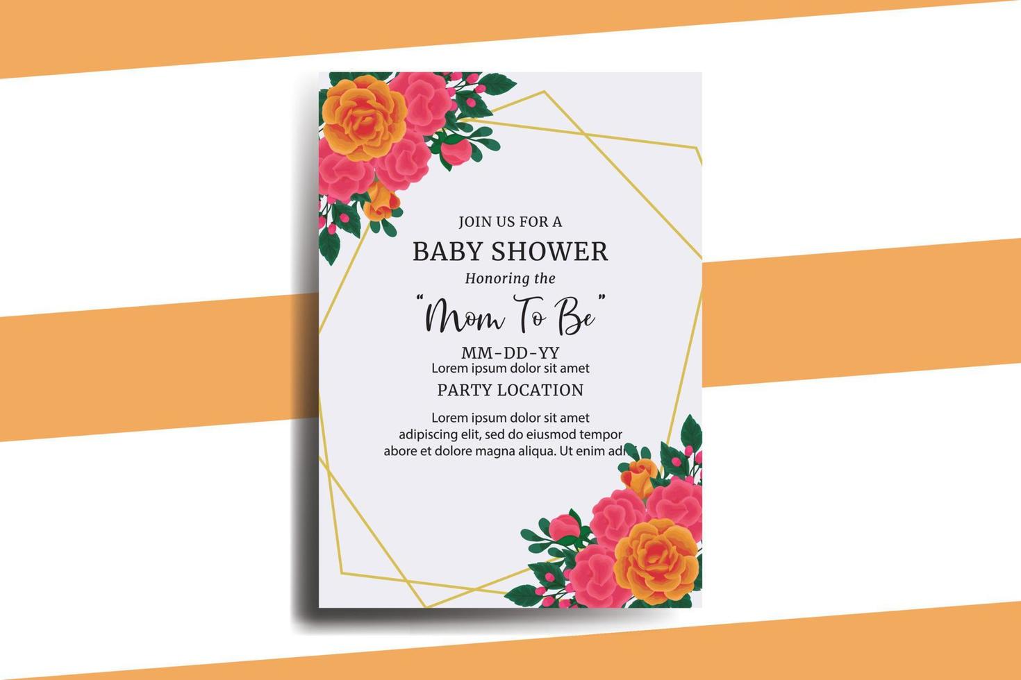 bebis dusch hälsning kort orange reste sig blomma design mall vektor
