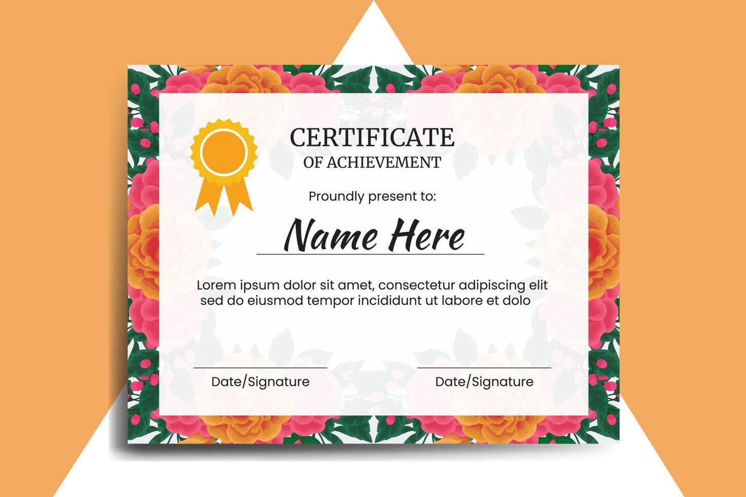 certifikat mall orange reste sig blomma vattenfärg digital hand dragen vektor