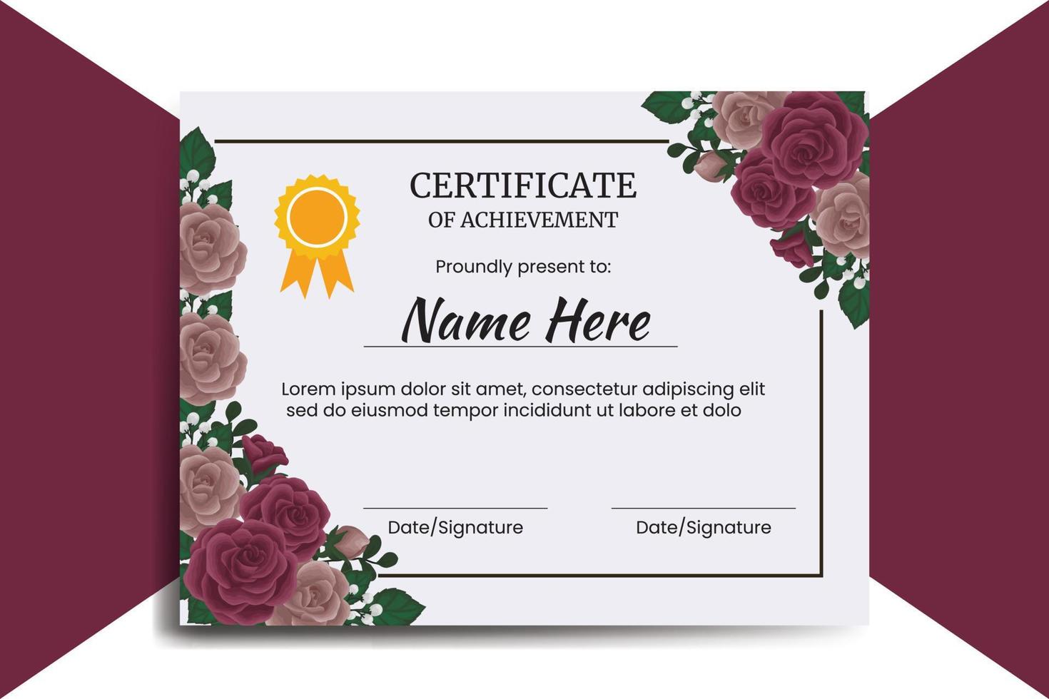 certifikat mall rödbrun reste sig blomma vattenfärg digital hand dragen vektor