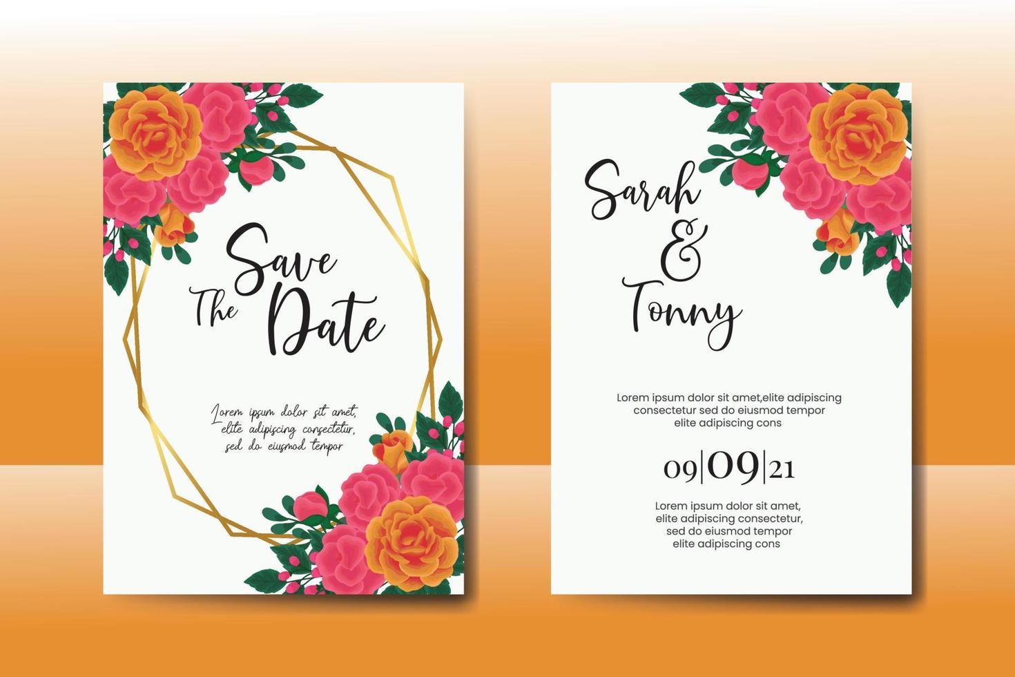 bröllop inbjudan ram uppsättning, blommig vattenfärg digital hand dragen orange reste sig blomma design inbjudan kort mall vektor