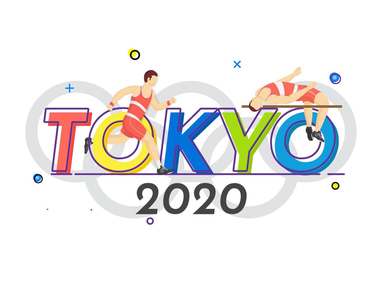 gesichtslos Athlet Mann hoch springen Querlatte mit Läufer Charakter auf olympisch Symbol Hintergrund zum Tokyo 2020. vektor