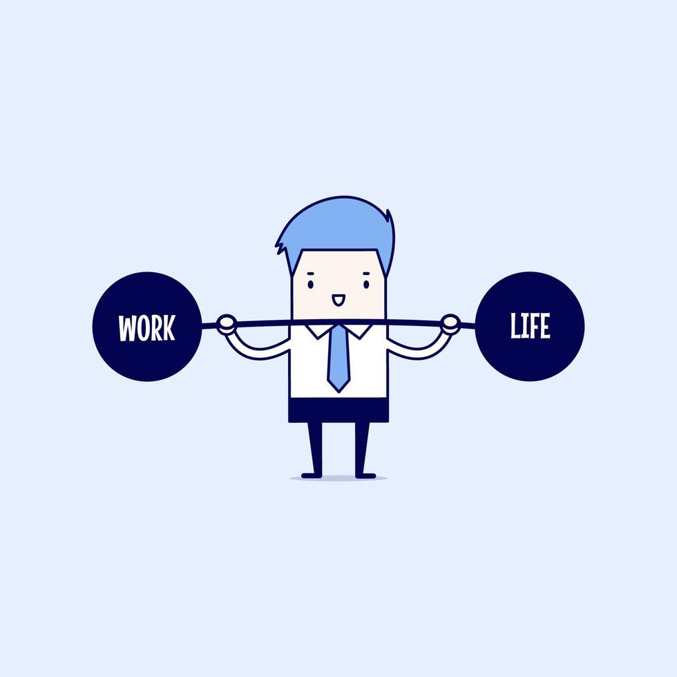 Geschäftsmann, der die Balance zwischen Arbeit und Leben hält. Karikatur Charakter dünne Linie Stil Vektor. vektor