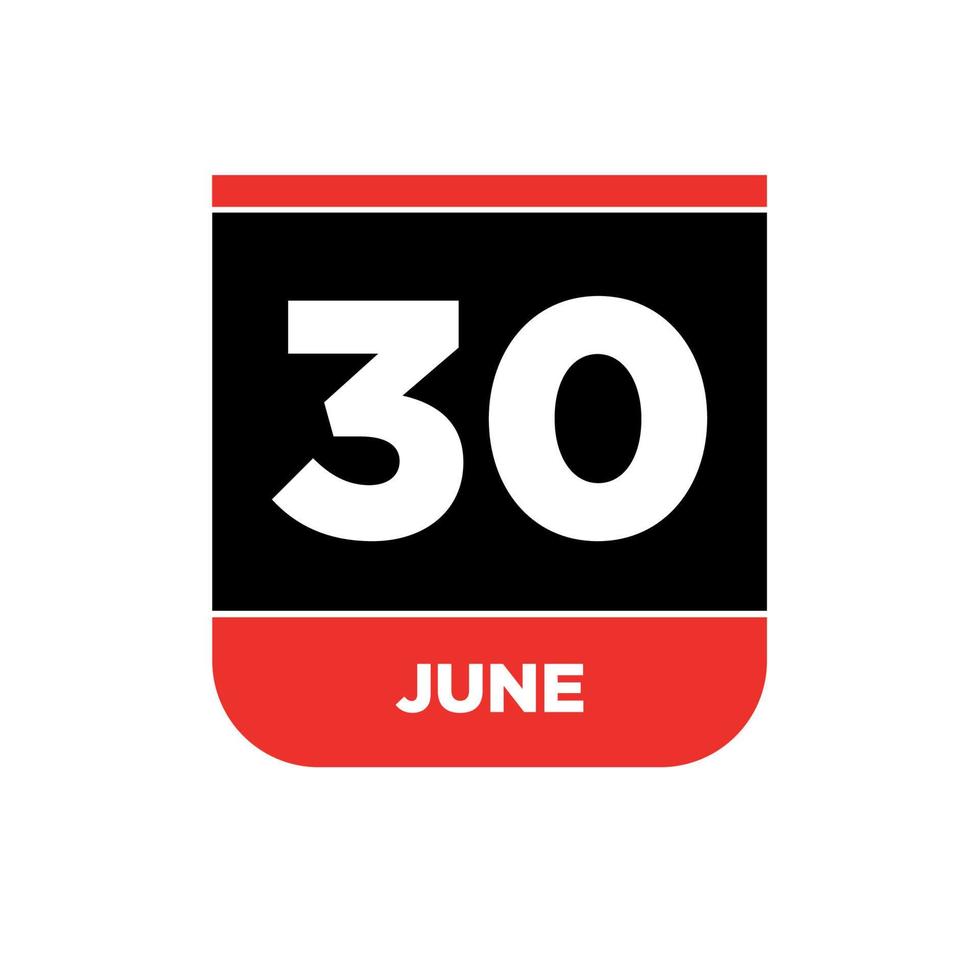 30:e juni kalender datum vektor ikon. 30 juni text.