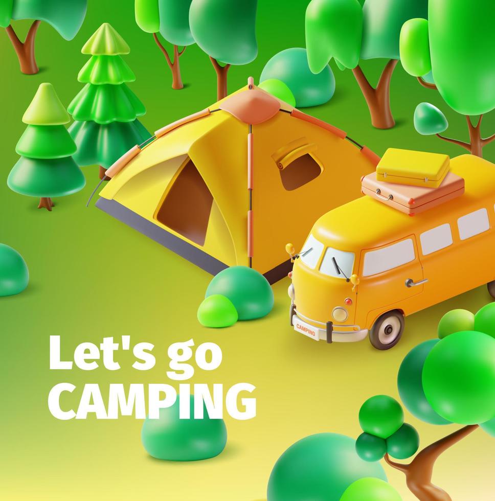 3d Lasst uns gehen Camping Konzept Poster Karte Plastilin Karikatur Stil. Vektor