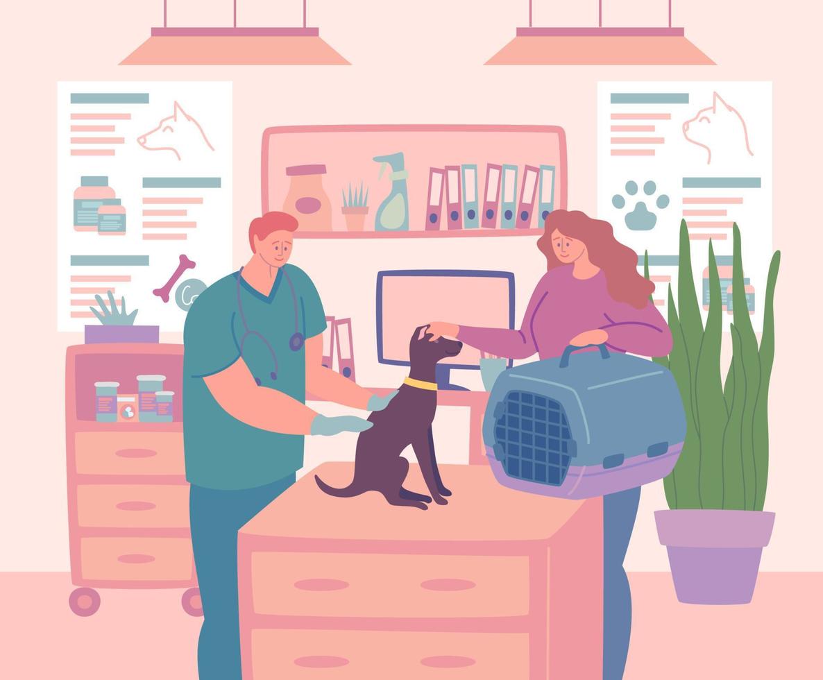 tecknad serie Färg tecken människor sällskapsdjur ägare veterinär kliniker begrepp. vektor