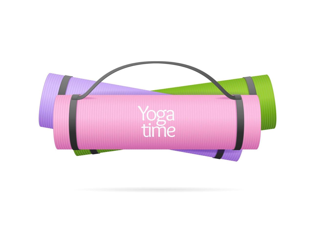 Yoga Zeit Konzept mit realistisch 3d detailliert Farbe gerollt Übung Matte Satz. Vektor