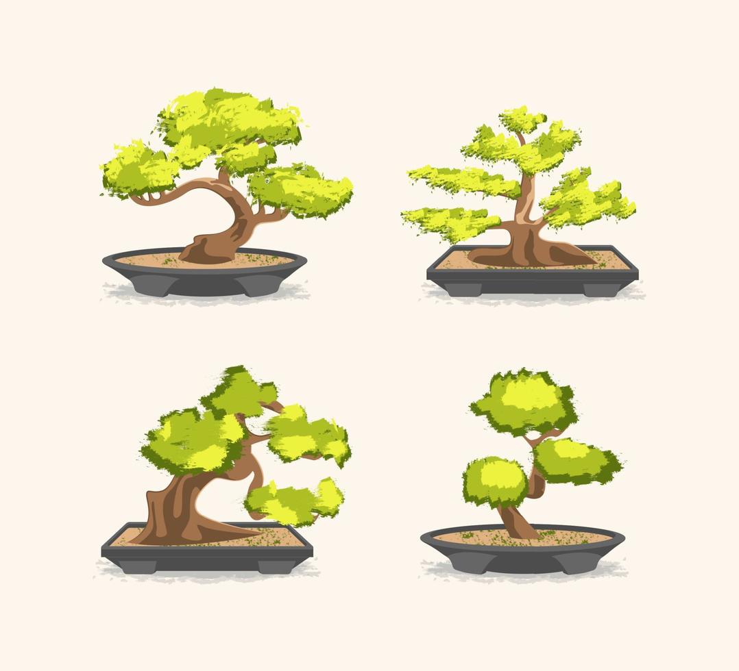 tecknad serie Färg annorlunda japansk bonsai ikoner uppsättning traditionell asiatisk dekoration begrepp platt design stil. vektor illustration