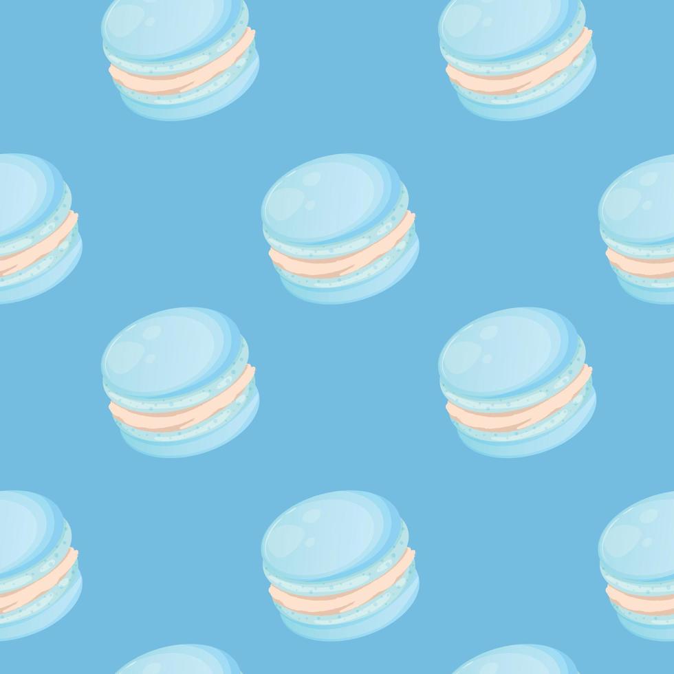 nahtlos Muster mit Blau süß Karikatur Makronen auf ein Blau Hintergrund. hell nahtlos Muster mit Süßigkeiten zum Konditor oder Postkarte. Süss Hintergrund zum Süßigkeiten Geschäft vektor