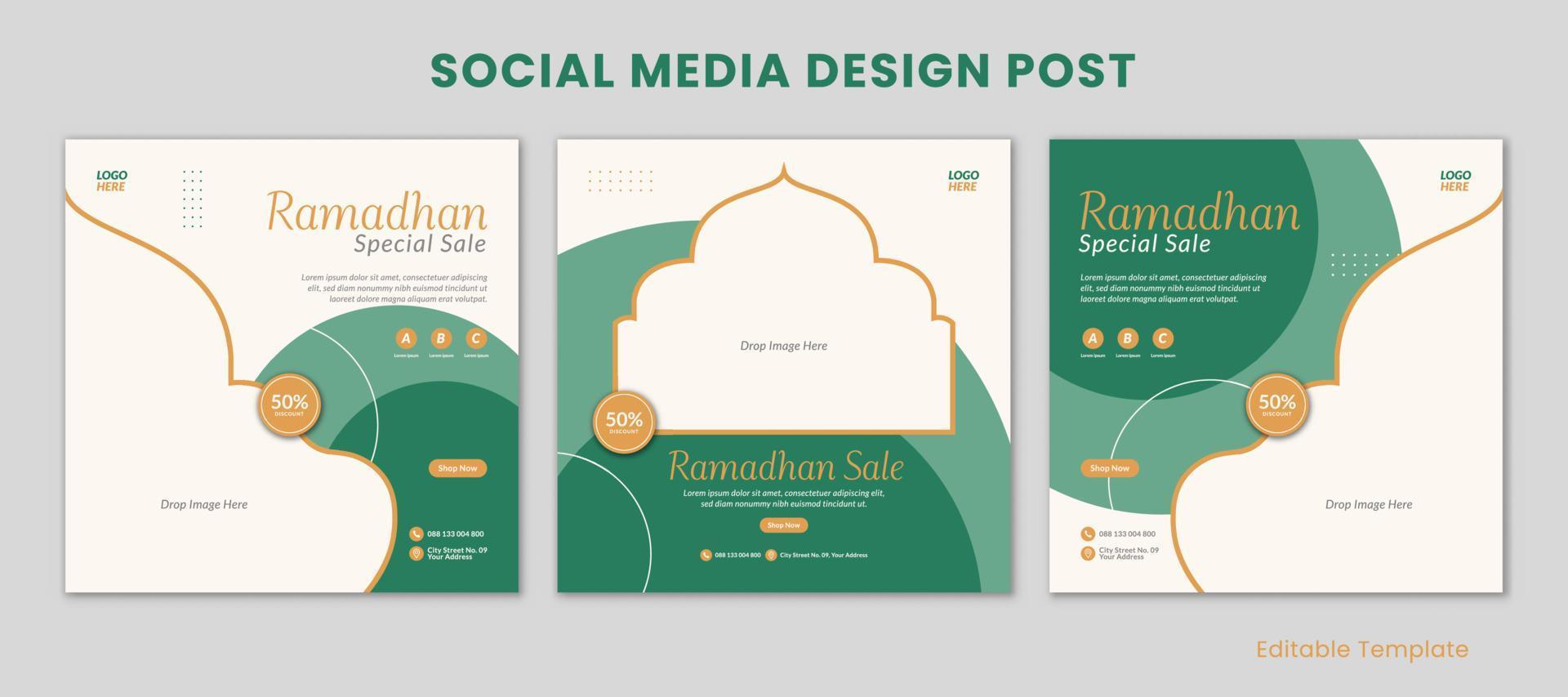 uppsättning av 3 redigerbar mallar Ramadhan social media design posta. lämplig för försäljning baner, befordran, presentation, reklam, mode, kaffe affär vektor
