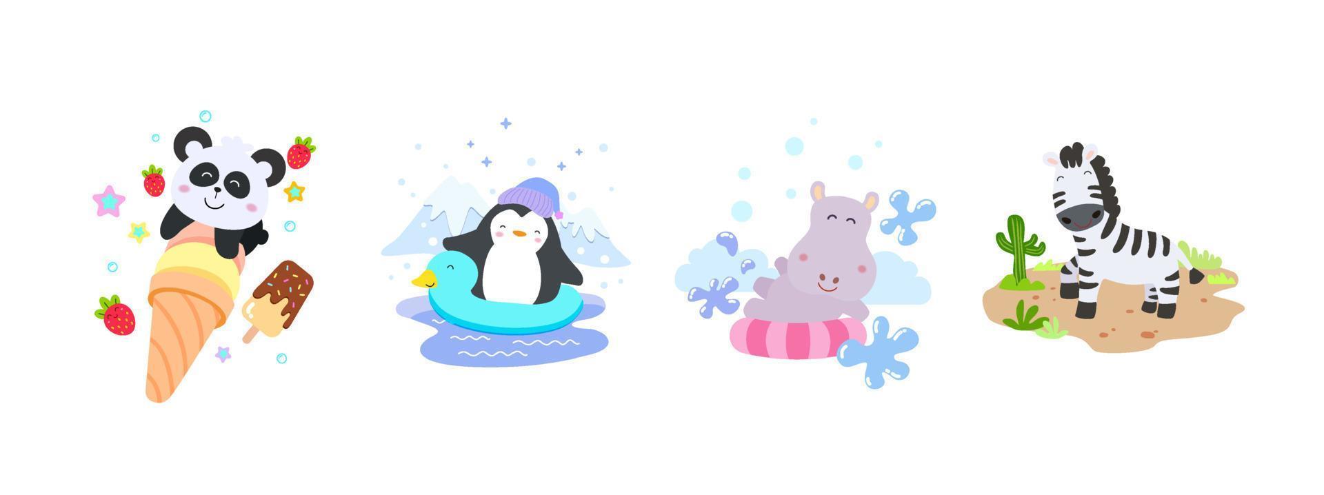 uppsättning av söt djur- karaktär med panda, pingvin, flodhäst och zebra, färg sida. vektor