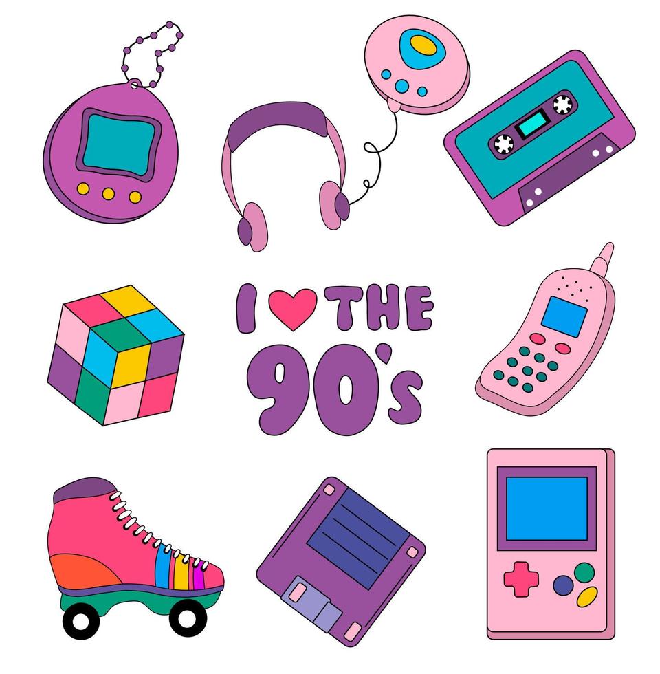 samling av färgrik klistermärken, ikoner i 90s stil. vektor illustration retro uppsättning från de epok av de 90-tal. årgång tetris, japansk leksak, kassett, spelare, vält skridskor, diskett, telefon.