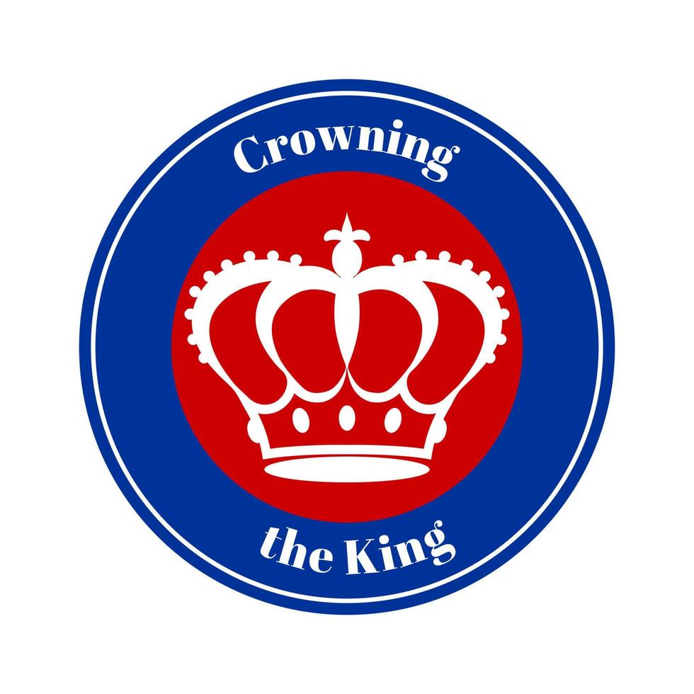 kunglig krona på en runda röd och blå bakgrund med de ord kröning av de kung i elegant brev. bricka, emblem, logotyp i hedra av de kröning av de ny kung av england. vektor illustration.