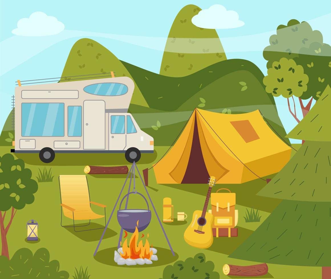 Camping Konzept Kunst. eben Stil Illustration von schön Landschaft, Berge, Wald, Zelt, und ein Lagerfeuer. Design zum Banner, Poster, Webseite, Emblem, Logo und Andere. vektor