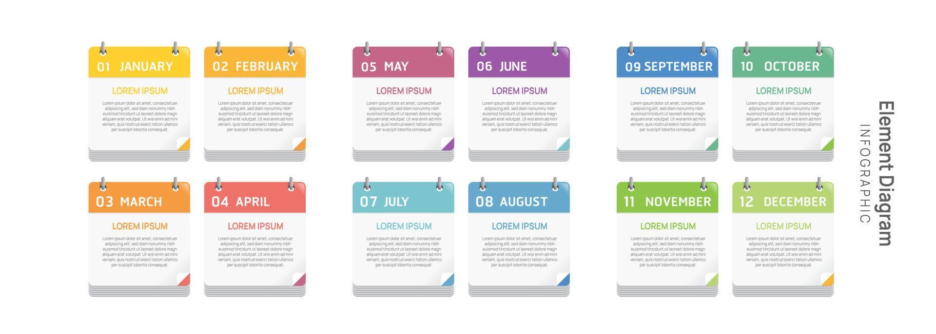 Agenda Infografik Vorlage zum Geschäft. 12 Monate modern Zeitleiste Element Diagramm Kalender, 4 Quartal Schritte Meilenstein Präsentation Vektor Infografik.