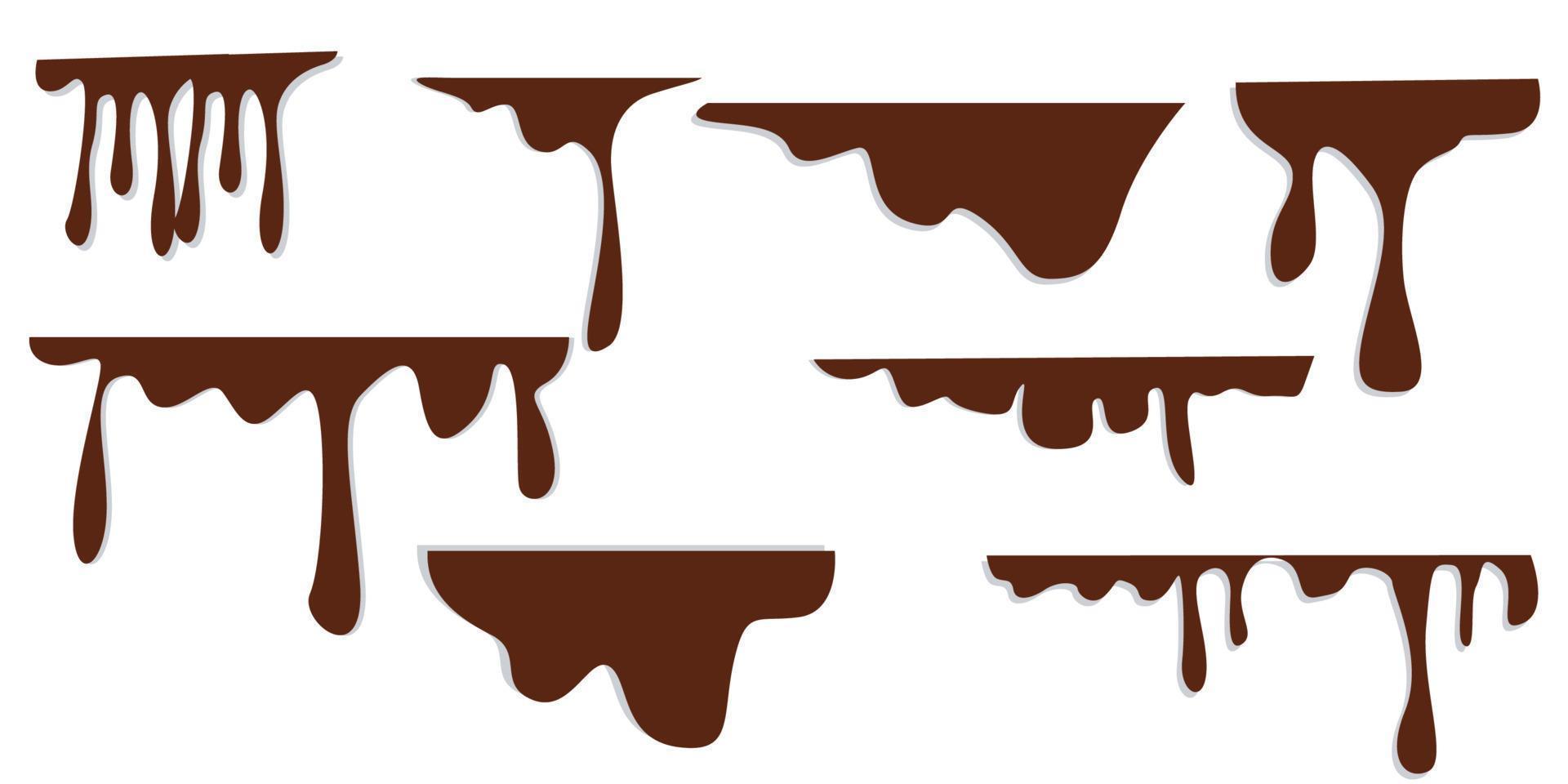 uppsättning av platt vektor varm choklad, kakao eller kaffe, smält, stänk med droppar, klumpar, fläckar. förbrukande flytande efterrätt, reklam produkt, stänk design element för promo
