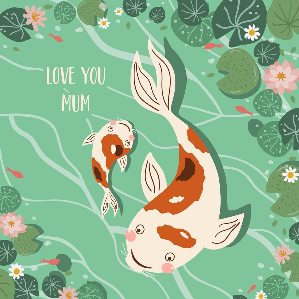 Baby und Mama Tier Karte im asiatisch Stil. süß Koi Fisch im Teich unter Lotus. Poster zum glücklich Mütter Tag Gruß. Wasser Lilie, Fisch, Blätter Vektor Illustration, Banner, Mama und Kind Hintergrund.