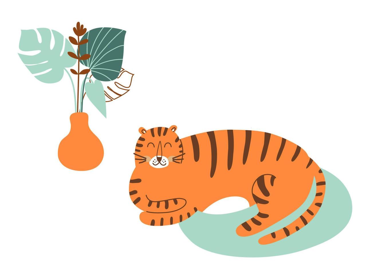 tiger tecknad serie karaktär. vild katt, safari djur- stanna kvar på Hem. söt tiger lögner, naiv konst vild djur- isolerat grafisk element. söt djungel hand dragen tigrar. bebis vektor illustration.