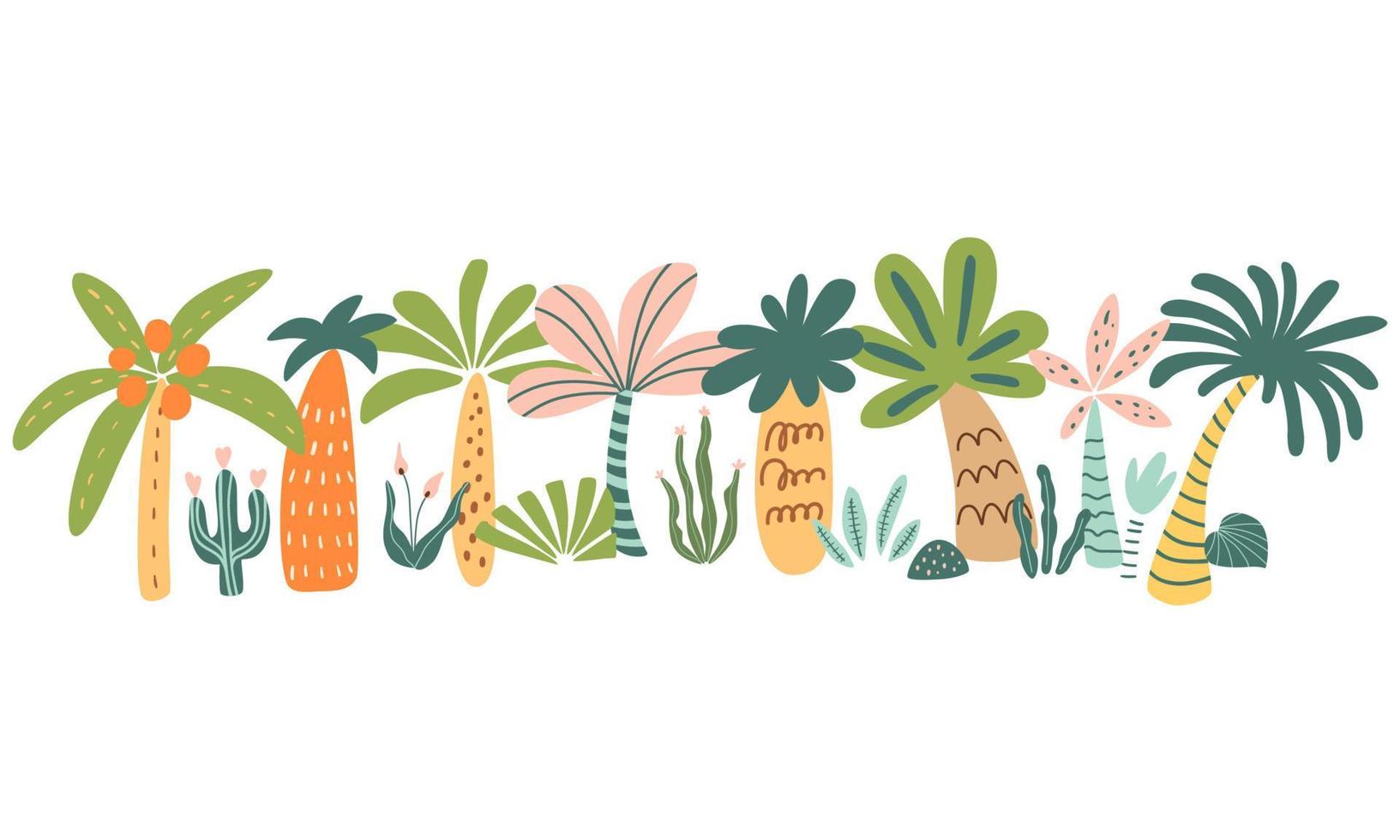 süß Palme Baum Satz. tropisch Palme Baum Hand gezeichnet Sommer- Element. Hawaii Stil dekorativ Grenze. Karikatur Bäume Vektor Illustration. exotisch Pflanzen zum Urlaub Poster, Karten, Einladungen Urwald Party.