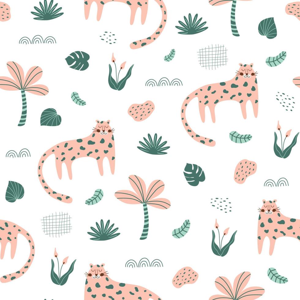 söt panter. vild katt mönster rosa panter djungel katt textil- design. hand dragen safari gepard. sömlös exotisk mönster vild djur, handflatan, djungel löv. upprepa skriva ut. vektor illustration.