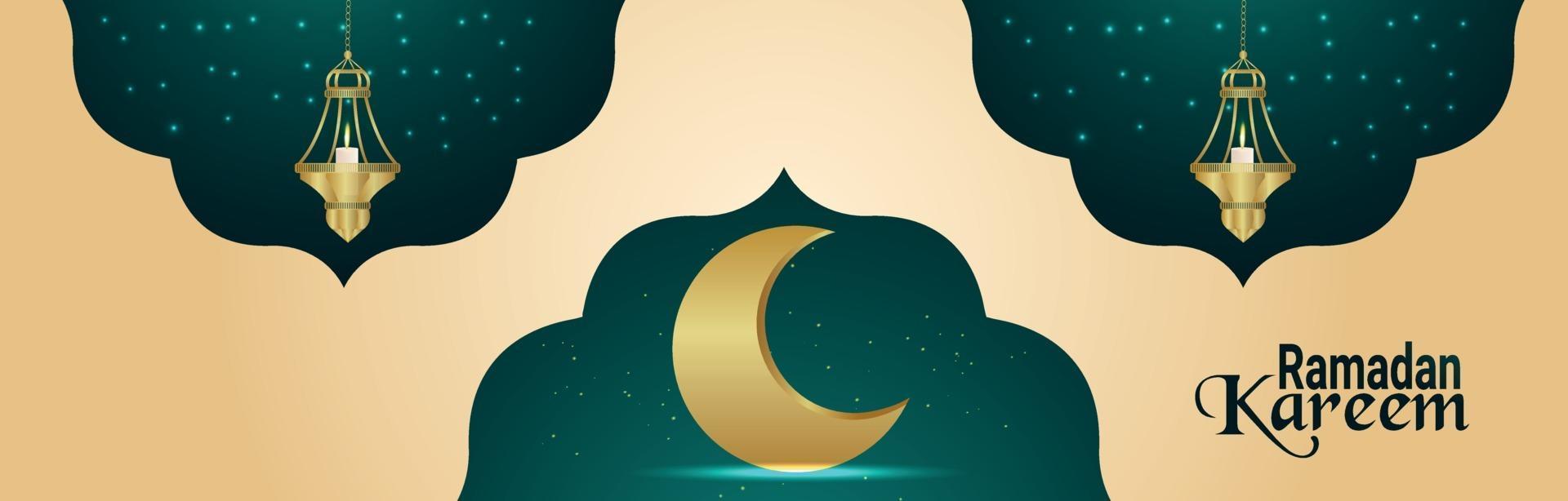 Ramadan Kareem islamisches Festival Einladungsbanner mit realistischem goldenen Mond und Laternen vektor