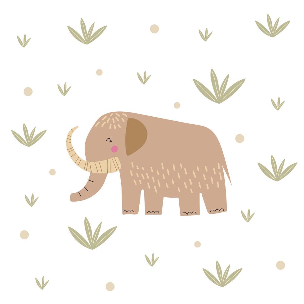 Karikatur süß Mammut und Pflanzen isoliert auf Weiß Hintergrund. komisch prähistorisch Elefant Vektor Illustration. Stein Alter Kinder Poster