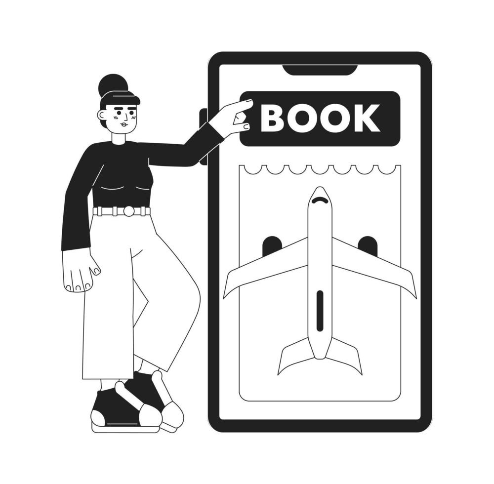 Buchung Flug Über Telefon einfarbig Konzept Vektor Stelle Illustration. editierbar 2d eben bw Karikatur Charakter zum Netz ui Design. Passagier Einkauf Hand gezeichnet Held Bild