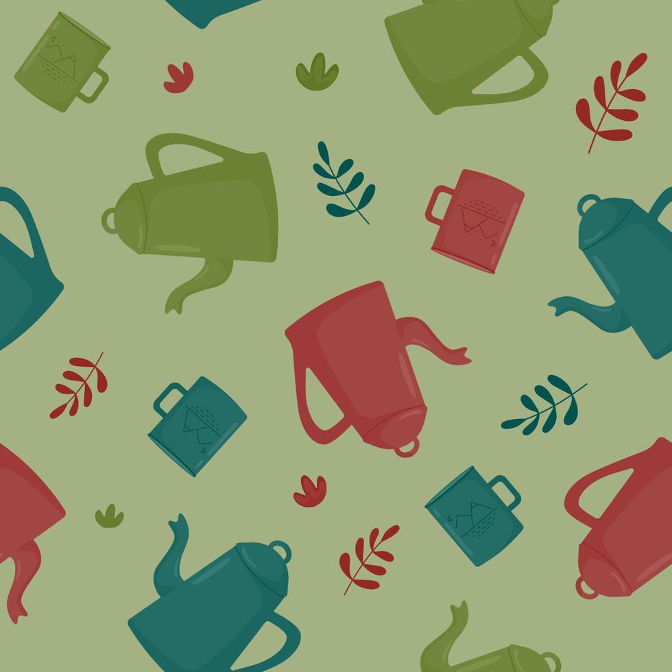 nahtlos Muster mit mehrfarbig Tassen und Teekannen. Hintergrund mit Geschirr zum Sommer- Camping, reisen, Reise, wandern, Tourist, Natur, reisen, Picknick. Vektor Illustration im ein eben Stil.
