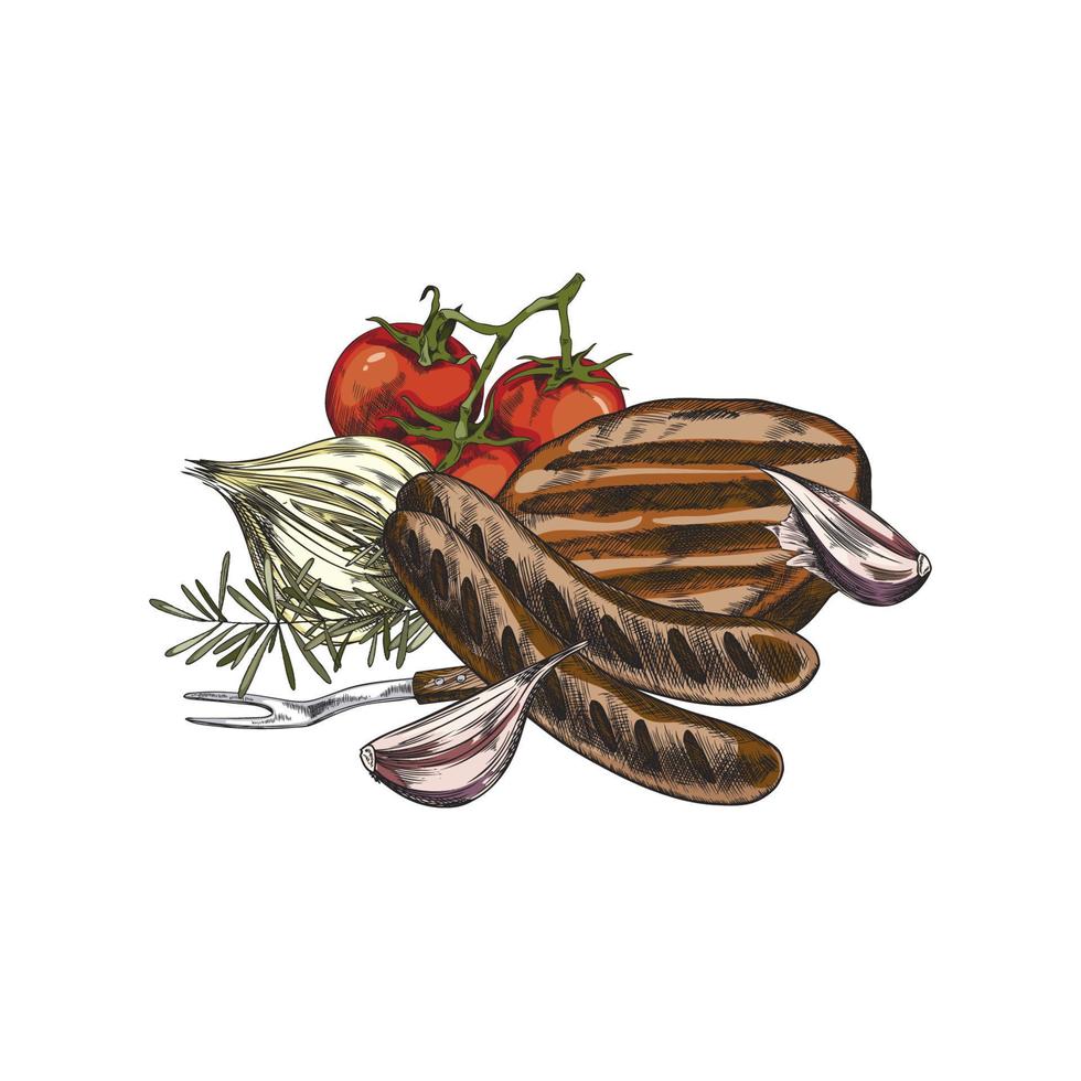 Fleisch Filet und Würste gebraten auf Grill Gitter, Vektor Illustration isoliert.