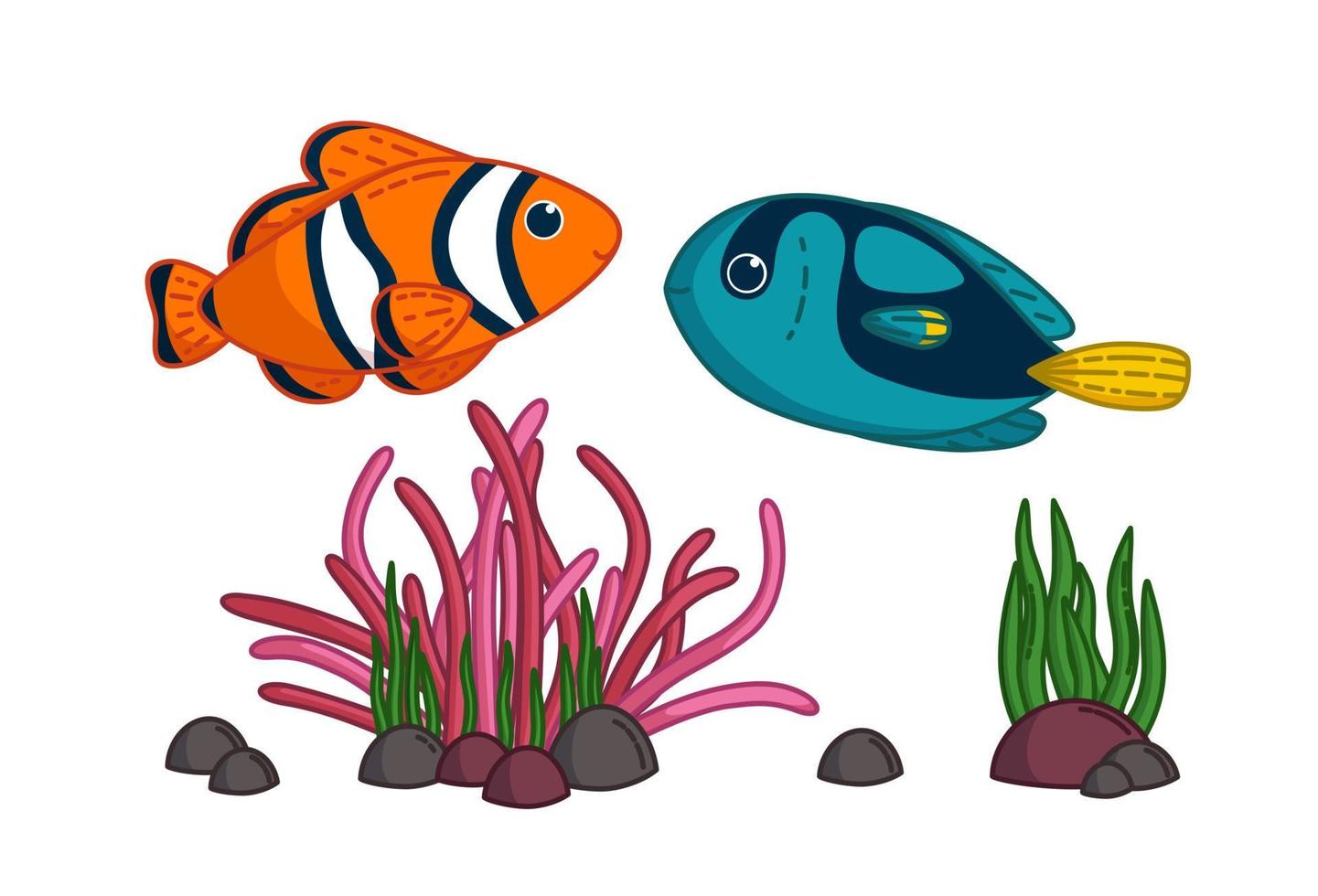 tropisk fiskar med anemon. blå kirurgfisk och clown fisk simning tillsammans. vektor illustration