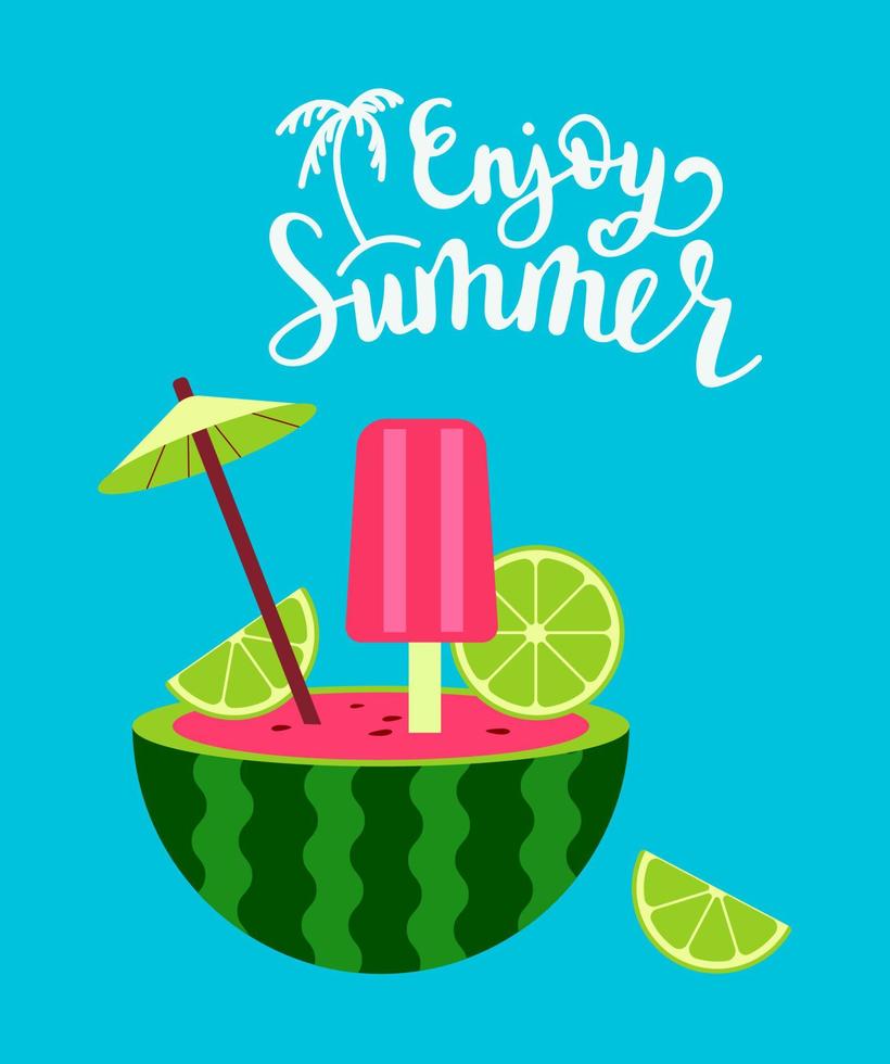 Wassermelone Eis am Stiel, lecker frisch Sommer- Obst Süss und Beschriftung genießen Sommer. Vektor Illustration.