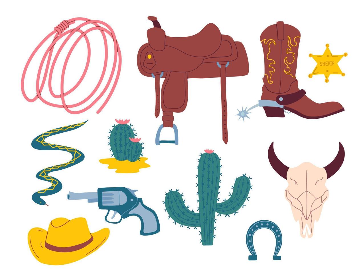 tecknad serie Färg cowboy Västra tema ikoner uppsättning. vektor