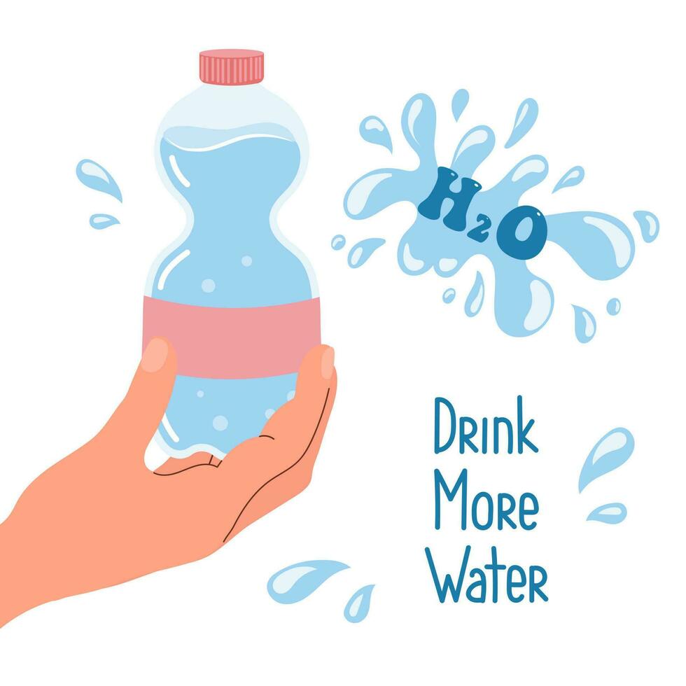 dryck Mer vatten, vatten flaska i hand. hälsa vård begrepp. platt stil illustration, vektor