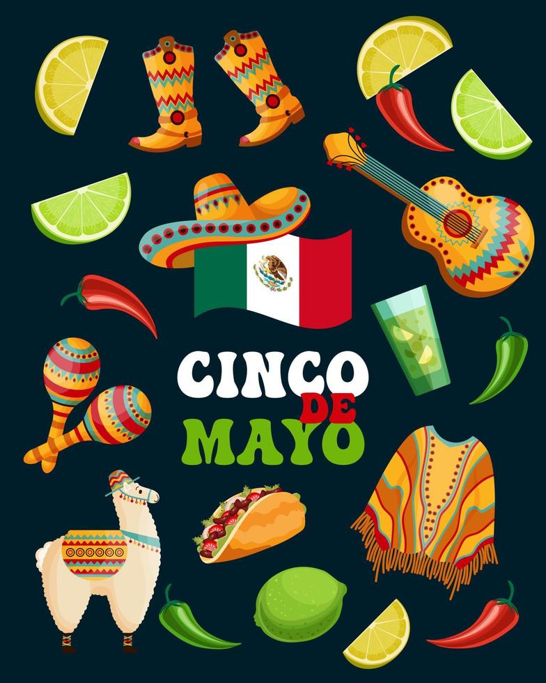 cinco de Mayo Banner mit Symbole von Mexiko, Mexiko Flagge, Marakas, Sambrero, Chili, Poncho, Zitrone, Lama, Cowboy Stiefel und Gitarre auf dunkel Hintergrund. Poster, Urlaub Hintergrund, Vektor