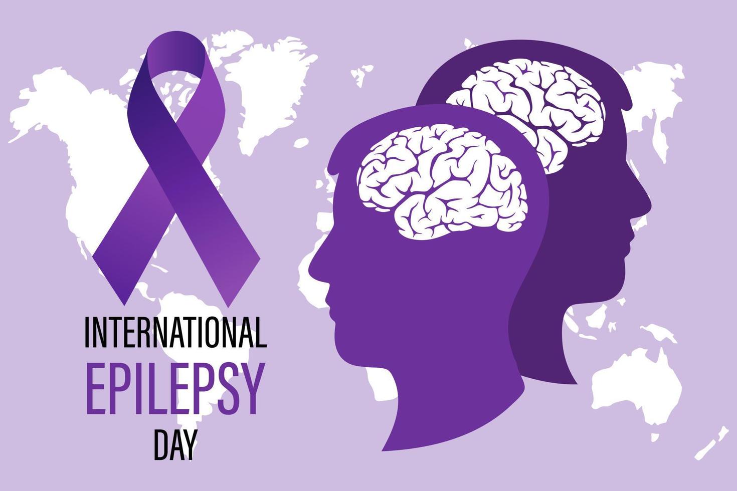 värld epilepsi dag. mänsklig silhuett, hjärna och lila band. medicinsk sjukvård begrepp. medvetenhet affisch, baner, vektor