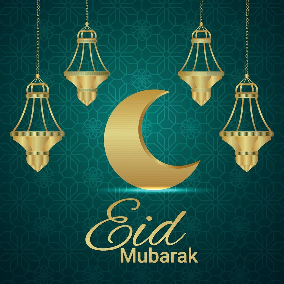 eid mubarak Einladungsgrußkarte mit goldenen Laternen auf Musterhintergrund vektor