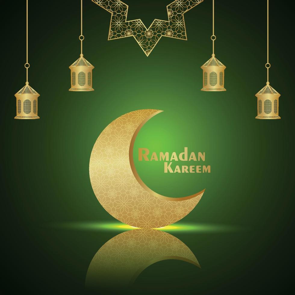 ramadan kareem islamisk festival firande gratulationskort med kreativa gyllene månen och lykta vektor