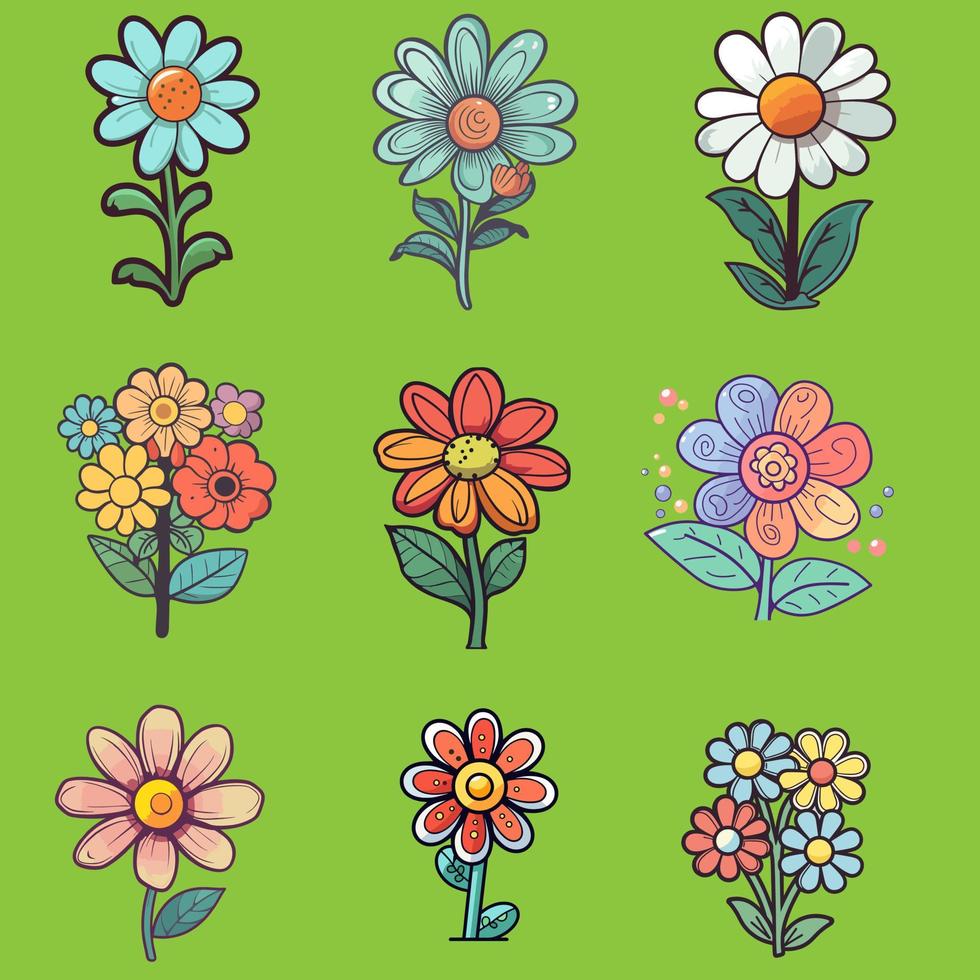 uppsättning av söt blommor i klotter stil. vektor illustration